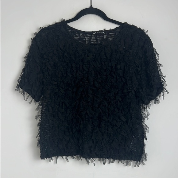 ZARA Women's Black Fringe Textured Short Sleeve Cropped Blouse Top Size L - Picture 3 of 12